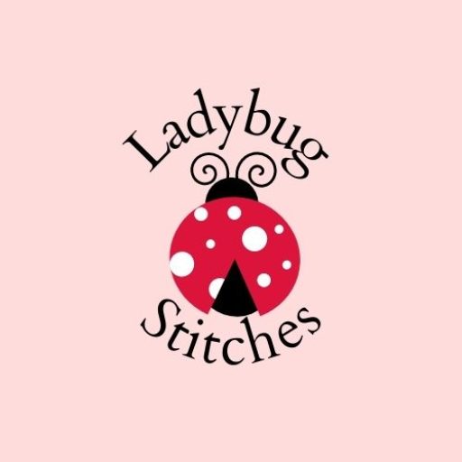 Image shows "Ladybug Stitches" with a pink background and red spotted ladybug.